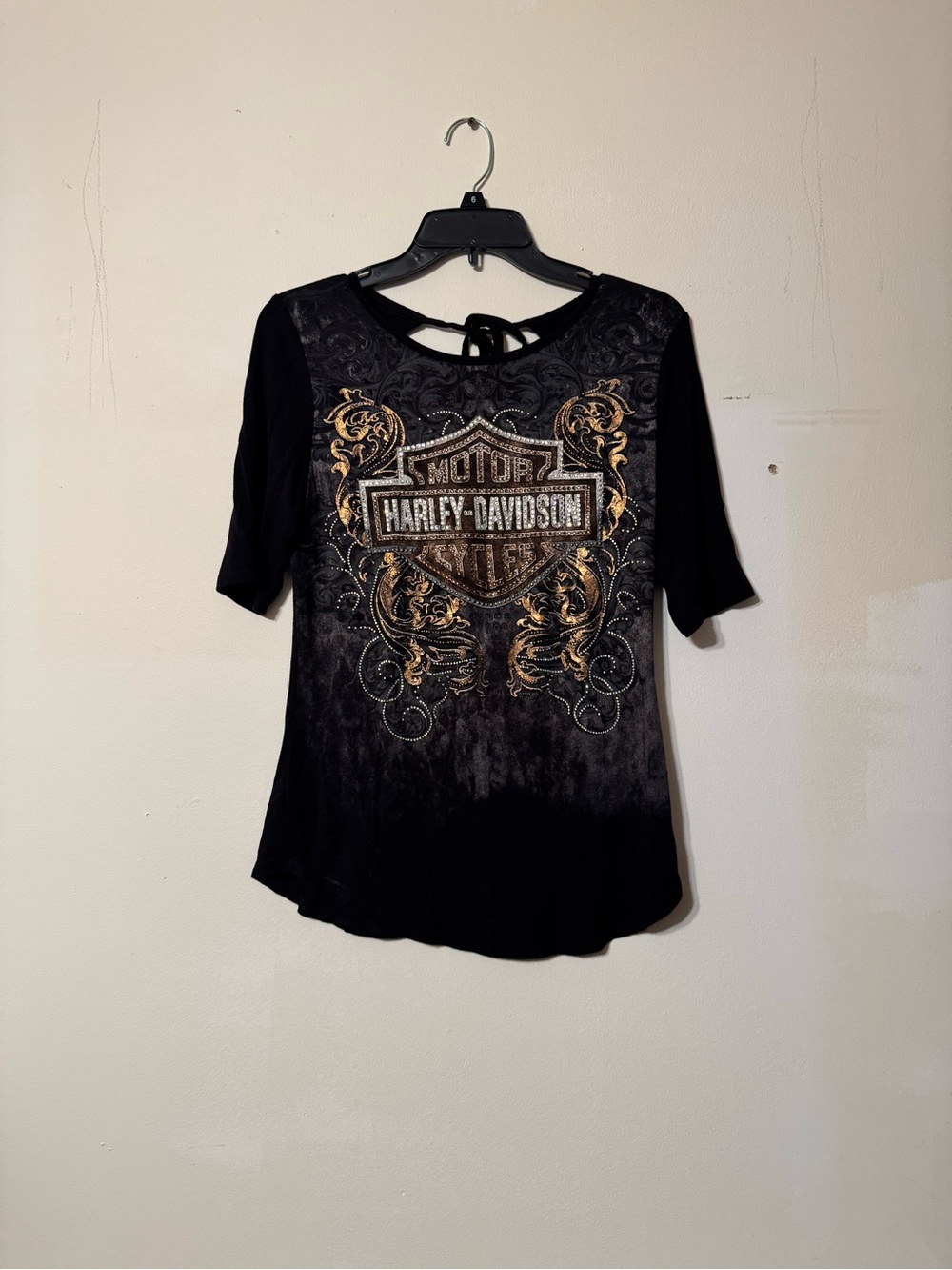 Harley-Davidson Black Short Sleeve Top with Gold Foil Crest